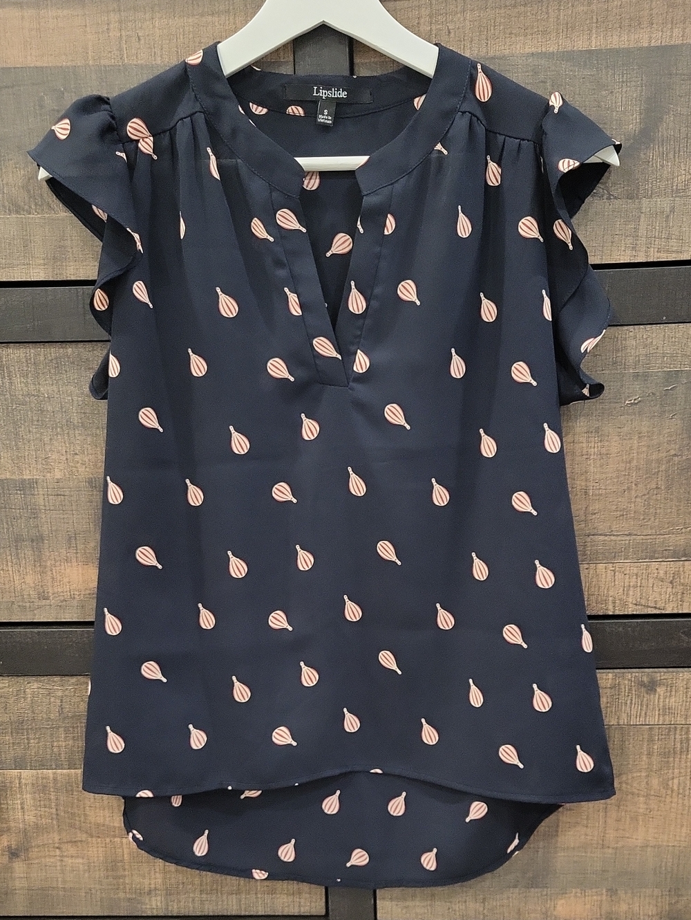 Lipslide Navy Flutter-Sleeve Blouse with Red Hot Air Balloon Print